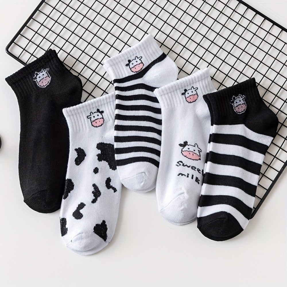 5 Pairs Cute Cow Print Ankle Socks For Women - Comfortable And Breathable Hosiery 5 Pairs Cute Cow Print Ankle Socks For Women - Comfortable And Breathable Hosiery