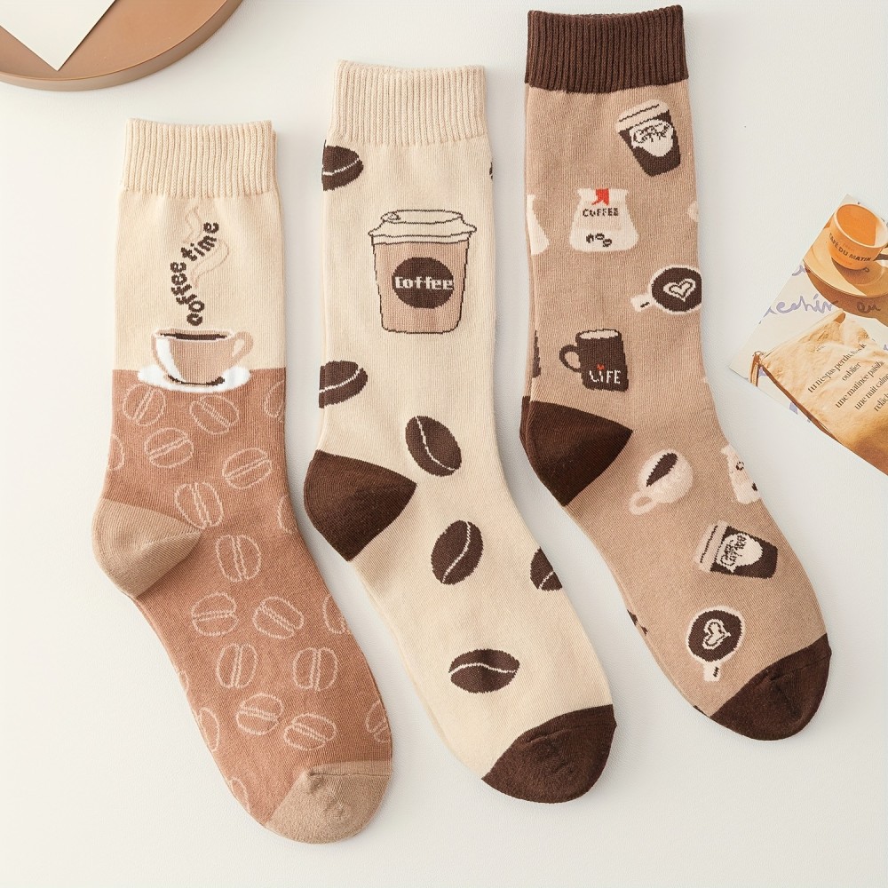 5 Pairs Coffee Print Socks, Comfy & Breathable Mid Tube Socks, Women's Stockings & Hosiery 5 Pairs Coffee Print Socks, Comfy & Breathable Mid Tube Socks, Women's Stockings & Hosiery