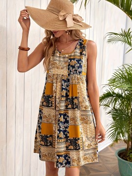 Patchwork Print Crew Neck Dress, Vacation Style Sleeveless Dress For Spring & Summer, Women's Clothing