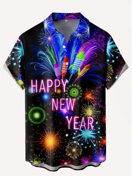Firework & Letter Pattern Men's Trendy Short Sleeve Lapel Shirt, Summer Holiday, New Year Gift
