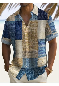 Retro Geometric Pattern Men's Casual Short Sleeve Lapel Shirt for Summer Outdoor - Retro Carpet Texture