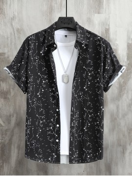Constellation Style Pattern Men's Casual Short Sleeve Button Up Shirt, Summer Holiday
