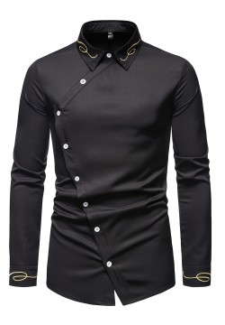 Embroidery Design Men's Stylish Asymmetrical Slim Long Sleeve Single Breast Shirt With Button, Banquet Wedding
