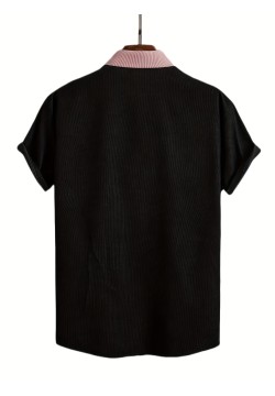 Color Block Men's Trendy Short Sleeve Lapel Shirt, Men's Hawaiian Button Up Shirt For Summer Outdoor