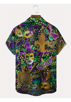 Mardi Gras Themed Novelty Pattern Men's Fashion Short Sleeve Lapel Shirt, Summer Party Dress, Gift For Men