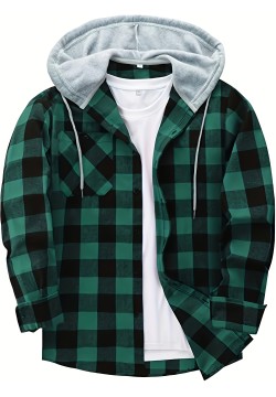 Men's Plaid Hooded Shirt Jacket with Chest Pocket - Casual Fall Winter Outwear