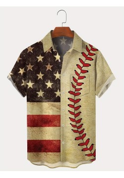 Baseball Themed Flag Digital Print Men's Vintage Short Sleeve Button Down Shirt With Chest Pocket, Summer Outdoor